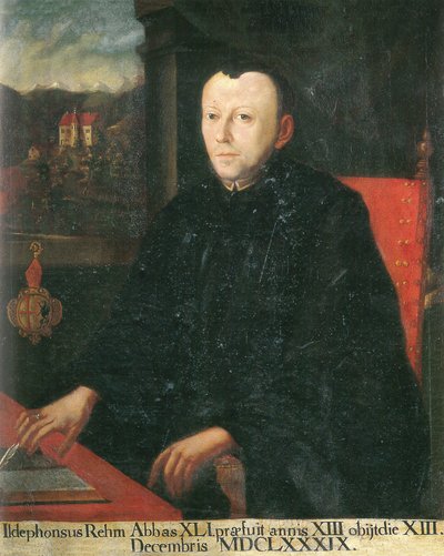 der 41. Abt, Ildephons Rem (Rehm), im Hintergrund eine Ansicht von Schloss Eggen von Unknown
